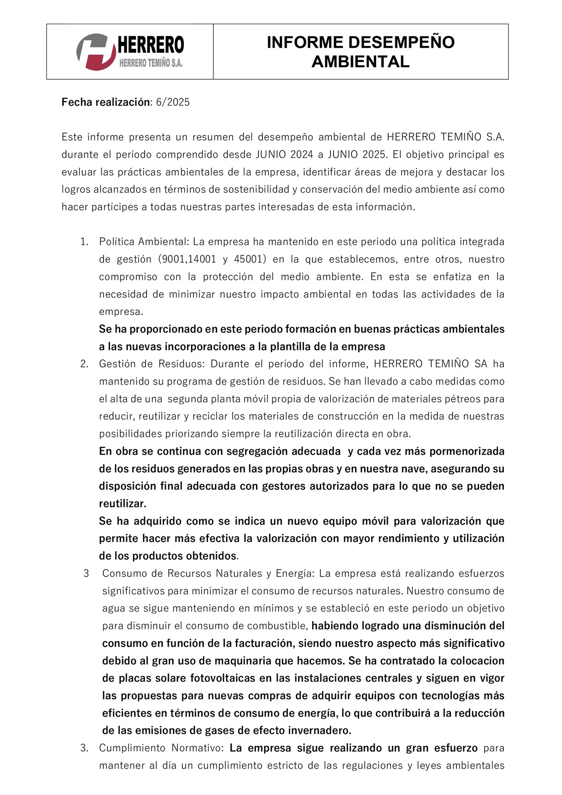 Informe desempeño ambiental